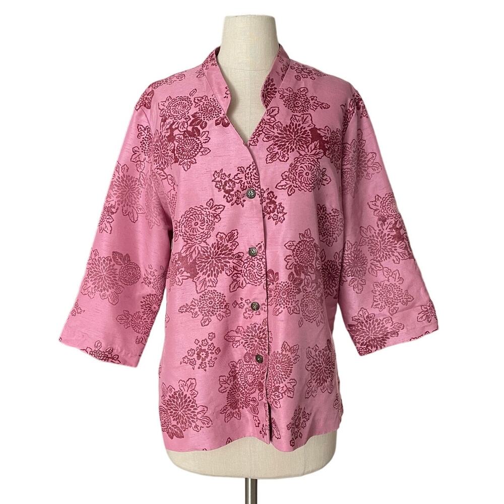Vintage Naturally Yours Honolulu XL Button Front Top Blouse Pink Mandarin Collar